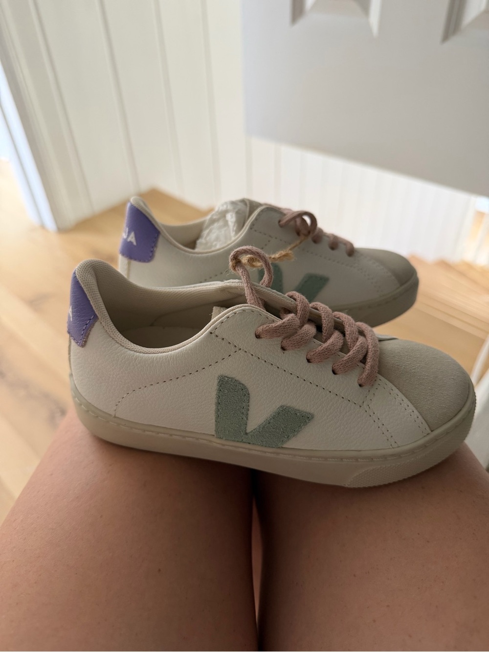 Veja White Leather Sneakers with Mint V and Lavender Heel